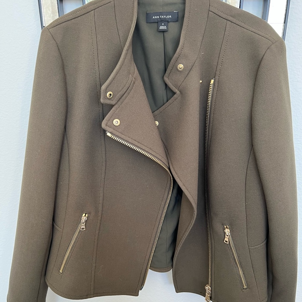 Ann Taylor Camo green suit motorcycle style jacket